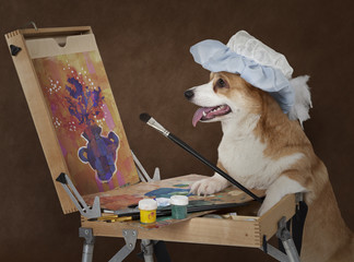 Dog artist painting still life with flowers