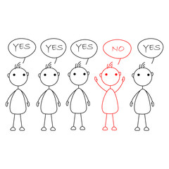 Cartoon stick figures saying yes with one person saying no