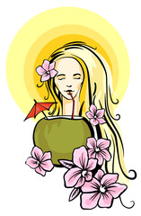 Obraz premium Girl dreamer with coconut and flower
