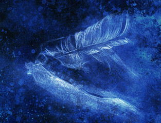 hand hold a feather quill pen on the letter and envelope, pencil sketch on paper, invert effect.