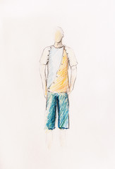 drawing male clothes, color pencil sketch on paper.
