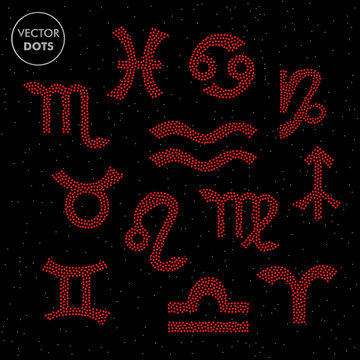 Horoscope Signs Icons. Red Zodiac Symbols Set. Vector Illustration.