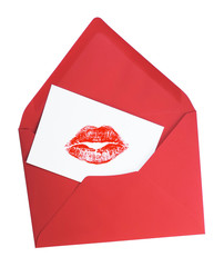 Red letter and greeting card with lipstick kiss, isolated on White