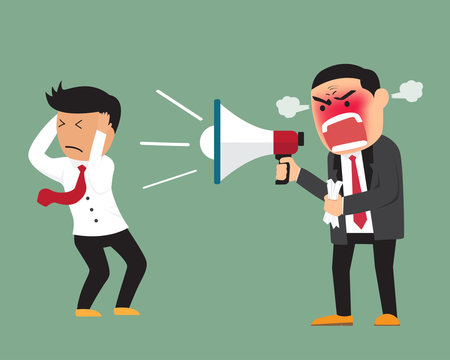 Angry boss shouting at employee on megaphone vector illustration