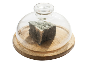 Lump of moldy white cheese under glass lid on wooden tray isolated on white background