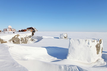 Aerial view of abandoned polar station on an isolated Vize Island (Wiese) island located in the...