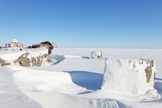 Aerial view of abandoned polar station on an isolated Vize Island (Wiese) island located in the Arctic Ocean  at the northern end of the Kara Sea  