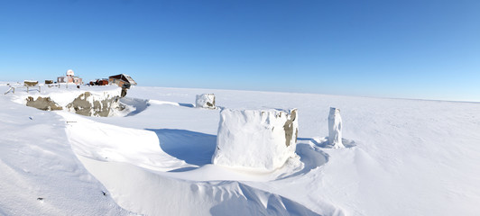 Panoramic view of abandoned polar station on an isolated Vize Island (Wiese) island located in the Arctic Ocean  at the northern end of the Kara Sea