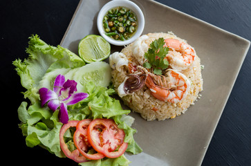 Fried rice with shrimp, squid, sea food, Thailand.