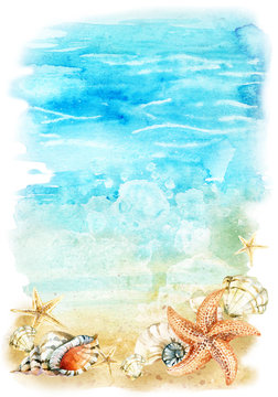 Watercolor Beach Illustration With Sea Shells And Starfishes