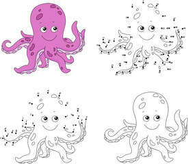 Cartoon octopus. Coloring book and dot to dot game for kids