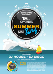 Vector summer party invitation disco style. Seascape with boat a