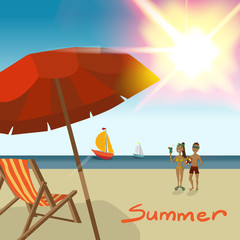 Background with sea landscape summer beach, sun umbrellas, beach