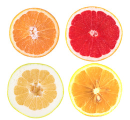 Set, sliced citrus. Oroblanco, orange, lemon, grapefruit. Isolated on white.