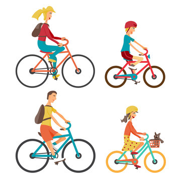 Bicycle Set for family ride. Set man, woman, boy and girl on bic