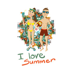 Card with woman in a swimsuit on the beach with a cocktail in ha