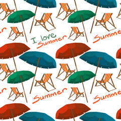 Sea summer beach, sun umbrellas, beach beds seamless pattern whi