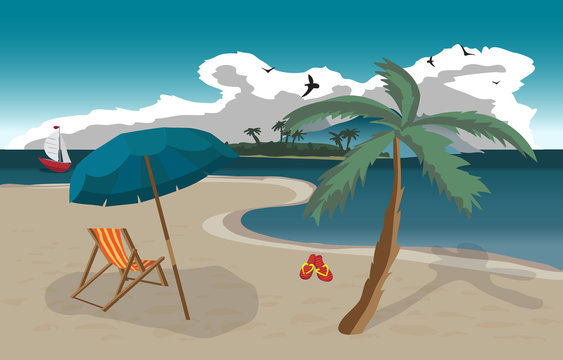 Sea landscape summer beach, sun umbrellas, beach beds. Umbrellas