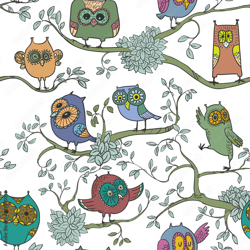 Wall mural Cute seamless background with owls