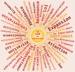 Nuage de Mots Loi de l'Attraction en Français - Forme Soleil 