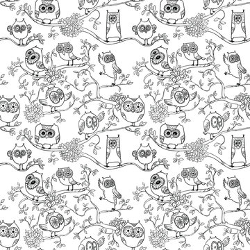 Seamless pattern with  doodle owls