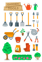 Gardening and farming instruments and tools flat vector icons set. Cartoon infographic elements of agriculture equipment and plants cultivation hobby activity objects. Isolated on white