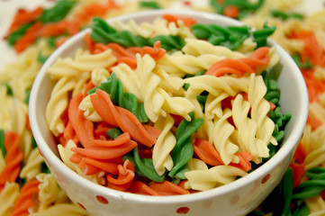 Variety of shapes and colors of Italian pasta. Dry pasta background 