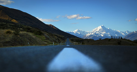 Road towards Aoraki Mount Cook on New Zealand's South Island