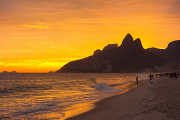 Sunset view of Ipanema beach and mountain Dois Irmao (Two Brother) in Rio de Janeiro, Brazil