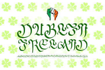 Retro Typography, Vintage Travel Greeting label on blurry background "Greetings from Dublin, Ireland", Vector design.