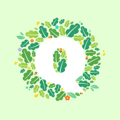 Q letter logo in a circle of oak leaves and acorns.