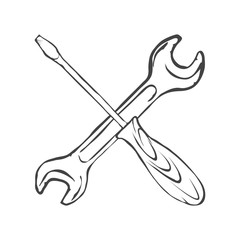 hand draw screwdriver with wrench vector