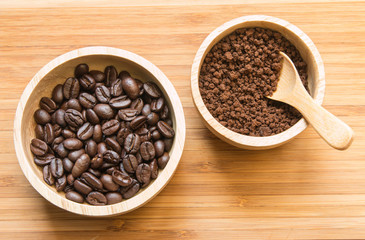 Coffee beans and instant coffee in the wood bowl 2
