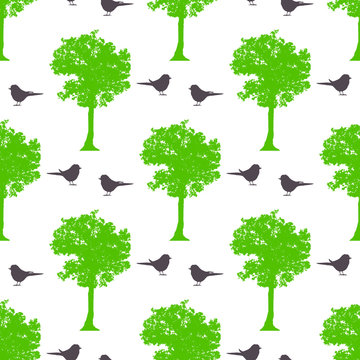 Seamless spring pattern with maple trees and birds