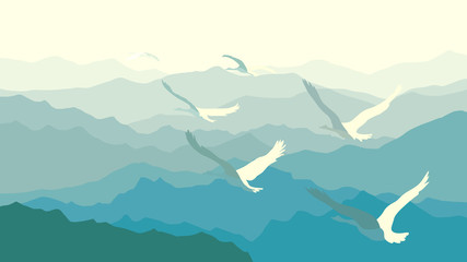 Horizontal illustration flock of swans flying over mountains.