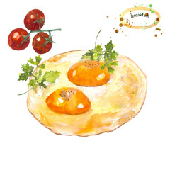 Breakfast. Watercolor drawing. Hot dish, fried eggs, greens, cherry.
