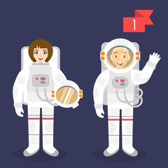 Vector profession characters: man and woman. Astronaut.