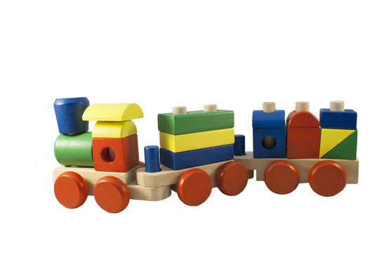 Children colored wooden train with carriages