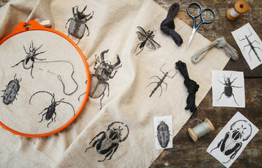 Embroidery in process with hoop and sewing threads on table. Embroidered beetles. © kulikovan