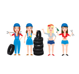 auto car mechanic women girls set.mechanic woman in uniform with tools wrench tires drill isolated on white background.car service workers concept illustration.
