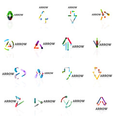 Set of linear arrow abstract logos, connected multicolored segments lines in directional pointer figures