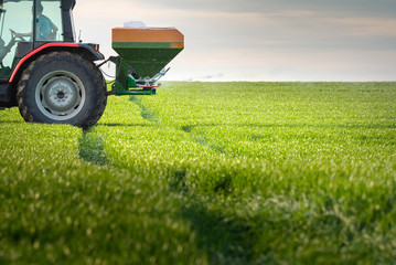 Obraz premium tractor fertilizing in field