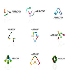 Set of linear arrow abstract logos, connected multicolored segments lines in directional pointer figures