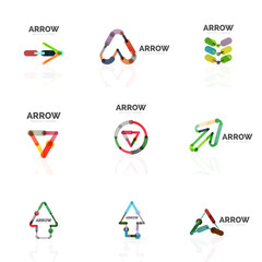 Set of linear arrow abstract logos, connected multicolored segments lines in directional pointer figures