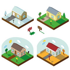 Isometric house set.3D Village.Seasonal Landscapes
