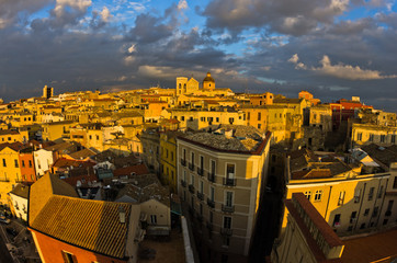 Panoramic view of Cagliari downtown at sunset in Sardinia, Italy