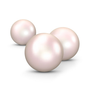 Drei pinkfarbene 3D Vektor Perlen isoliert auf weißem Hintergrund. Designelement für Beauty, Wellness und Spa Design. Pink, Rosa - Zuchtperle, Muschelperle, Austernperle - Illustration