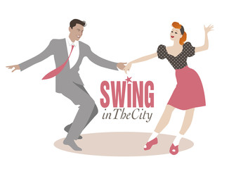 Fototapeta premium Handsome man and pinup girl dancing swing