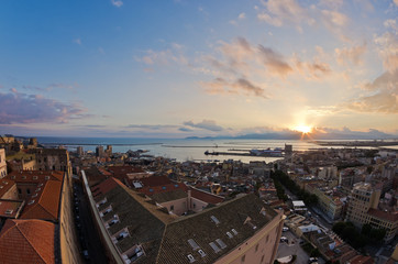 Panoramic view of Cagliari downtown at sunset in Sardinia, Italy