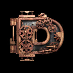 d isolated rusted letter with gears on black